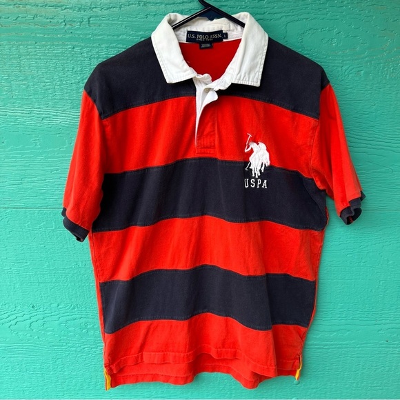VINTAGE LRL RUGBY BIG PONY STRIPE SHORT SLEEVES POLU SHIRT LARGE NAVY BLUE RED - Picture 5 of 6